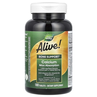 Nature's Way, Alive!, Wapń z witaminą D3, Witamina K2, Magnez, 1300 mg, 180 tabletek (325 mg w tabletce) Nature's Way, Alive!, Wapń z witaminą D3, Witamina K2, Magnez, 1300 mg, 180 tabletek (325 mg w tabletce)