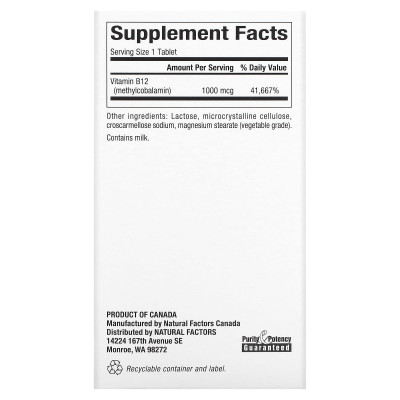 Czynniki naturalne, B12, metylokobalamin, 1000 mcg, 180 tabletek do żucia