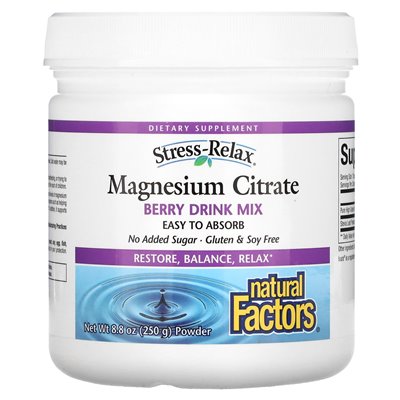Czynniki naturalne, relabus stresu, cytrynian magnezu, mieszanka napojów jagodowych, 8,8 uncji (250 g)