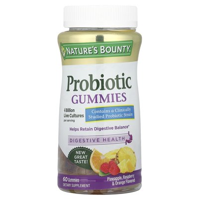 Nature's Bounty, Probiotic Gummi, ananas, malina i pomarańczowy, 4 miliardy kultur na żywo, 60 gummy (2 miliardy kultur na żywo 
