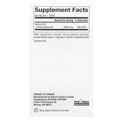 Czynniki naturalne, B12, metylokokobalamin, 5000 mcg, 60 tabletek do żucia