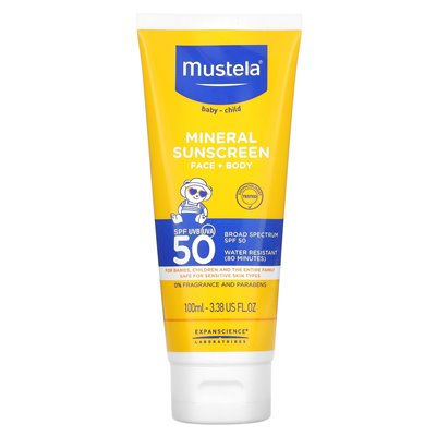 Mustela, dziecko, krem ​​przeciwsłoneczny mineralny, twarz + ciało, SPF 50, 3,38 fl oz (100 ml)