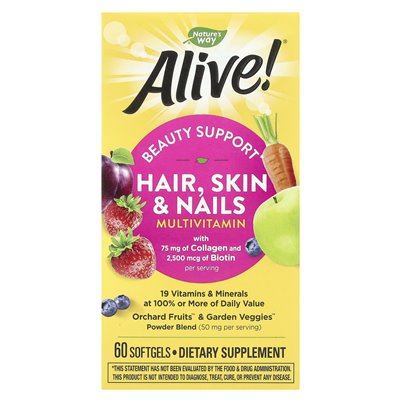 Nature's Way, Alive! ® Włosy, skóra i paznokcie multiwitamina, truskawka, 60 miękkich