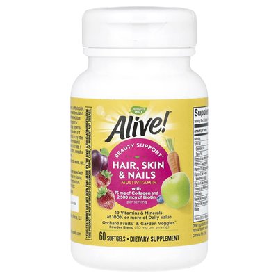 Nature's Way, Alive! ® Włosy, skóra i paznokcie multiwitamina, truskawka, 60 miękkich