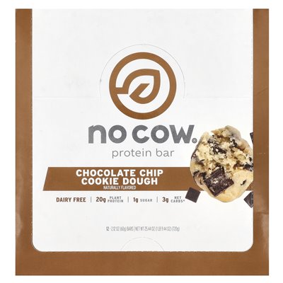 No Cow, Protein, Chocolate Chip Cookie Dough, 12 Bars, 2.12 oz (60 g)