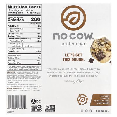 No Cow, Protein, Chocolate Chip Cookie Dough, 12 Bars, 2.12 oz (60 g)