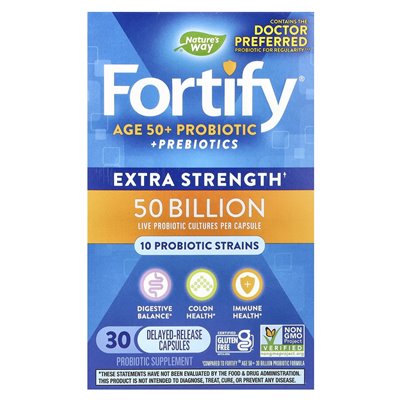 Nature's Way, Fortify, w wieku 50+ probiotyków + prebiotyki, dodatkowa siła, 50 miliardów, 30 kapsułek o opóźnionym uwalnianiu Nature's Way, Fortify, w wieku 50+ probiotyków + prebiotyki, dodatkowa siła, 50 miliardów, 30 kapsułek o opóźnionym uwalnianiu