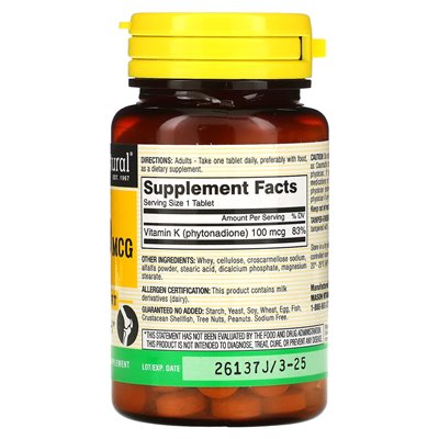 Mason Natural, Vitamin K, 100 mcg, 100 tablets
