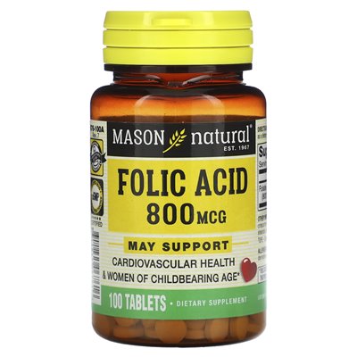 Mason Natural, kwas foliowy, 800 mcg, 100 tabletek Mason Natural, kwas foliowy, 800 mcg, 100 tabletek
