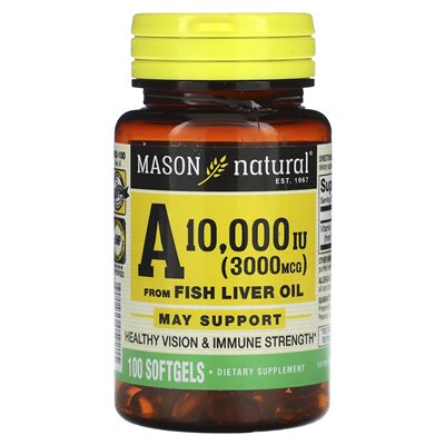 Mason Natural, witamina A z rybnego oleju z wątroby, 3000 mcg (10 000 IU), 100 miękkich