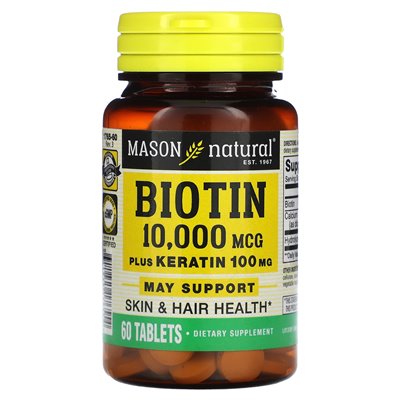 Mason Natural, Biotyna Plus Keratyna, 10.000 mcg, 60 Tabletek Mason Natural, Biotyna Plus Keratyna, 10.000 mcg, 60 Tabletek