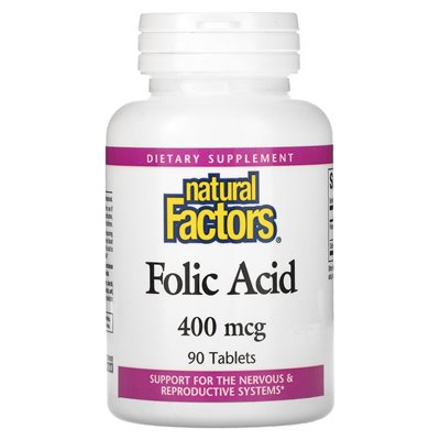 Czynniki naturalne, kwas foliowy, 400 mcg, 90 tabletek