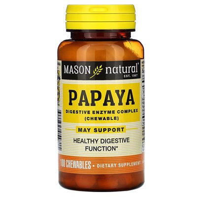 Mason Natural, Papaya, kompleks enzymu trawiennego, 100 żuć