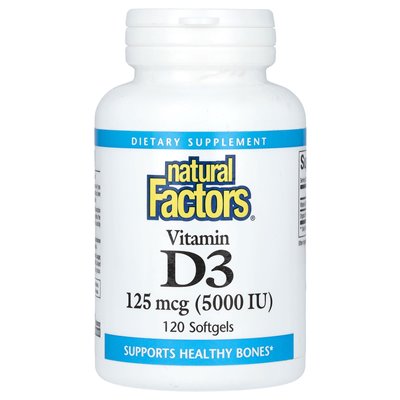 Czynniki naturalne, witamina D3, 125 mcg (5000 IU), 120 miękkich