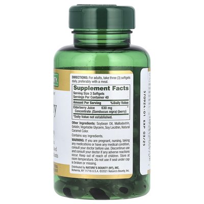 Nature's Bounty, Elderberry Sambucus, 630 mg, 120 Soft Release Softgels (210 mg na softgel)