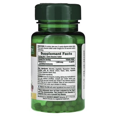 Nature's Bounty, B-12 Methobalamin, Cherry, 1000 mcg, 60 Quick Dissolve Tablets