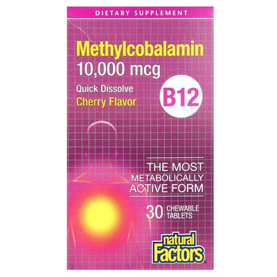 Czynniki naturalne, metylokobalamina B12, wiśnia, 10 000 mcg, 30 tabletek do żucia