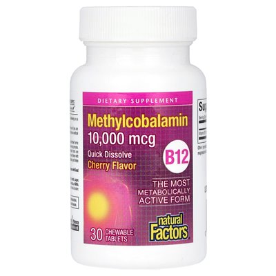 Czynniki naturalne, metylokobalamina B12, wiśnia, 10 000 mcg, 30 tabletek do żucia