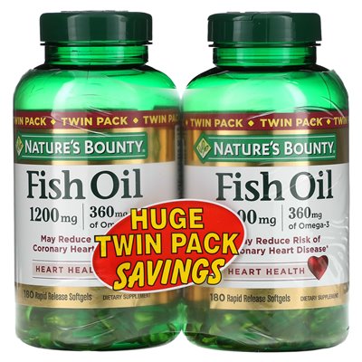 Nature's Bounty, olej rybny, podwójny pakiet, 1200 mg, 180 miękkich zwolnień