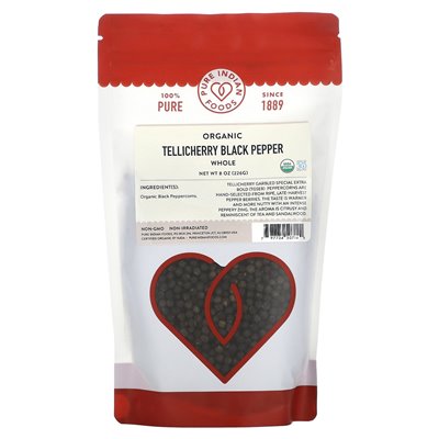 Pure Indian Foods, Organic Whole Whole Black Pepper, 8 uncji (226 g)