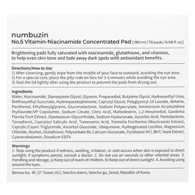 Numbuzin, nr 5 witamina-niacynamid stężony, 70 podkładek, 6,08 fl oz (180 ml)