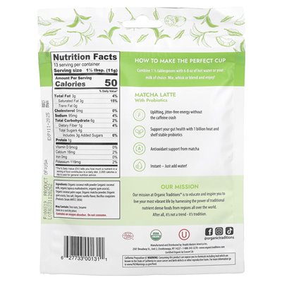 Organic Traditions, Matcha Latte mit Probiotika, 5,3 oz (150 g)