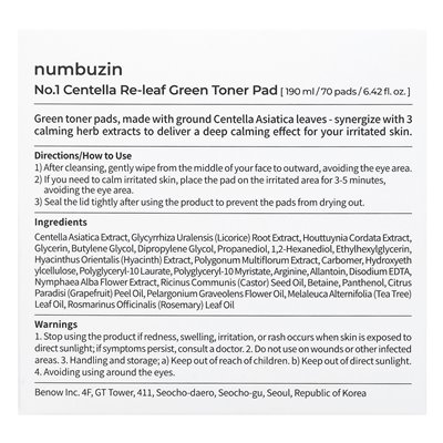 Numbuzin, Nr. 1 Centella Releaf Green Toner Pad, 70 Pads, 6,42 Fl Oz (190 ml)