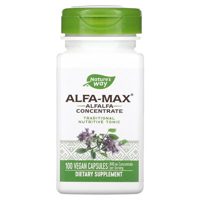 Nature's Way, Alfa-Max, koncentrat lucerny, 840 mg, 100 kapsułek wegańskich (420 mg na kapsułkę) Nature's Way, Alfa-Max, koncentrat lucerny, 840 mg, 100 kapsułek wegańskich (420 mg na kapsułkę)