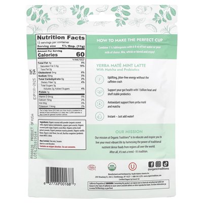 Tradycje organiczne, Yerba Mate Mint Latte z matchą i probiotykami, 5,3 uncji (150 g)