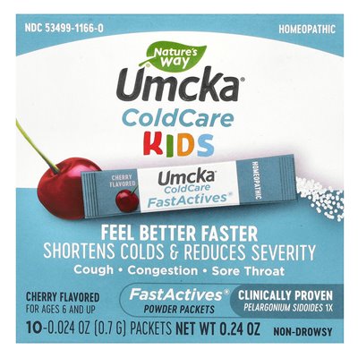 Nature's Way, Umcka, Kids Coldcare, Fastactives, dla wieku 6 i więcej, wiśni, 10 pakietów proszkowych, 0,024 uncji (0,7 g) każdy Nature's Way, Umcka, Kids Coldcare, Fastactives, dla wieku 6 i więcej, wiśni, 10 pakietów proszkowych, 0,024 uncji (0,7 g) każdy