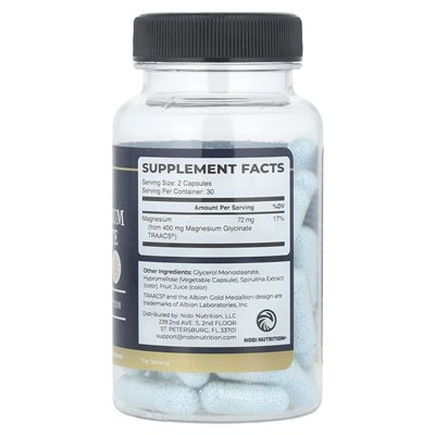 Nobi Nutrition, glicynian magnezu, 400 mg, 60 kapsułek, (200 mg na kapsułkę)