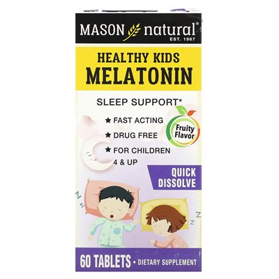Mason Natural, Zdrowa Melatonina dla Dzieci, Wiek 4 i powyżej, Owocowa, 60 Tabletek Mason Natural, Zdrowa Melatonina dla Dzieci, Wiek 4 i powyżej, Owocowa, 60 Tabletek