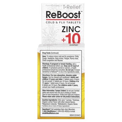 Medinatura, T-Relief ™, Reboost ™, cynk +10, Max Cold &amp Flu Relief, 60 tabletek