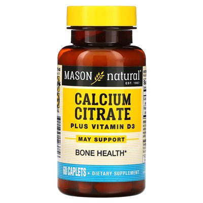Mason Natural, cytrynian wapnia plus witamina D3, 60 kapletów