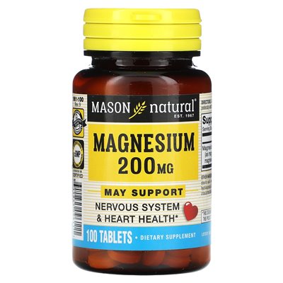 Mason Natural, magnez, 200 mg, 100 tabletek