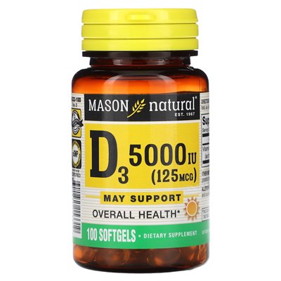Mason Natural, witamina D3, 5000 IU (125 mcg), 100 miękkich Mason Natural, witamina D3, 5000 IU (125 mcg), 100 miękkich