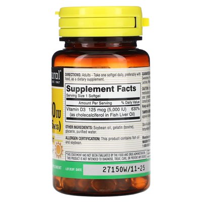 Mason Natural, witamina D3, 5000 IU (125 mcg), 100 miękkich Mason Natural, witamina D3, 5000 IU (125 mcg), 100 miękkich