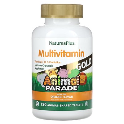Naturesplus, zwierzęcy parada złota, multiwitamina dla dzieci, pomarańcza, bez cukru, 120 tabletek w kształcie zwierząt