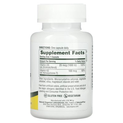 NaturesPlus, Witamina D3 & K2, 90 Kapsułek NaturesPlus, Witamina D3 & K2, 90 Kapsułek
