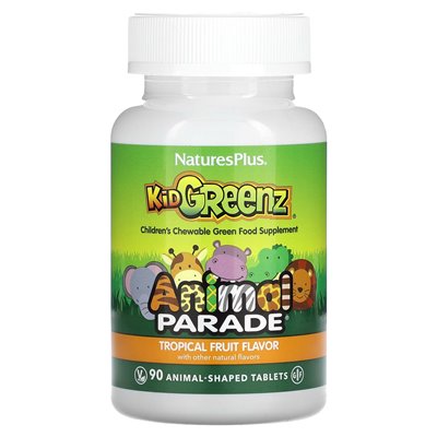 Naturesplus, Parada Zwierząt, Kid Greenz, suplement zielonej żywności dla dzieci, owoce tropikalne, 90 tabletek w kształcie zwie