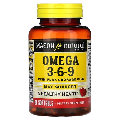 Mason Natural, Omega 3-6-9, ryby, oleje lnu i boczne, 60 miękkich
