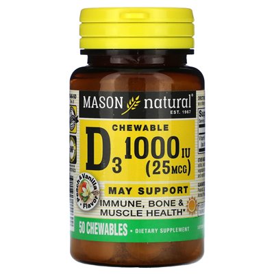 Mason Natural, Vitamin D3, Peach &amp Vanilla, 25 Mcg (1000 IU), 50 żuć