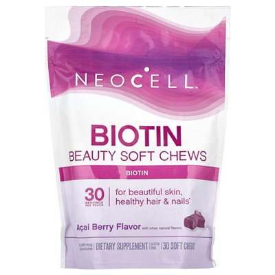 Neocell, Biotin Beauty Soft Chews, Acai Berry, 10 000 mcg, 30 miękkich żuć