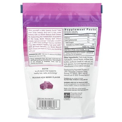 Neocell, Biotin Beauty Soft Chews, Acai Berry, 10 000 mcg, 30 miękkich żuć