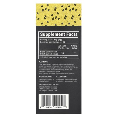 Maju Superfoods, na zimno olej z nasion czarnych, 8 fl oz Maju Superfoods, na zimno olej z nasion czarnych, 8 fl oz