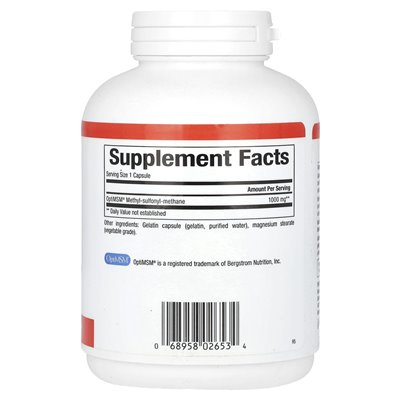 Czynniki naturalne, MSM, metylowo-sulfonylo-methetan, 1000 mg, 180 kapsułek