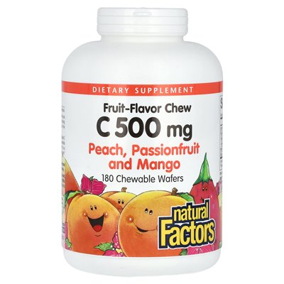 Czynniki naturalne, witamina C, żucie o smaku owoców, brzoskwinia, pasja i mango, 500 mg, 180 waflów do żucia