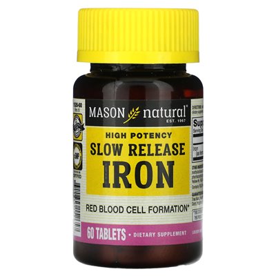 Mason Natural, Powolne uwalnianie żelaza, wysoka moc, 60 tabletek