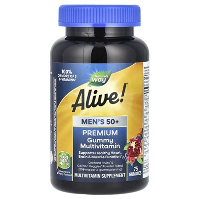 Nature's Way, Alive! ® Men's 50+ Gummy multiwitamin, pomarańczowy, winogrona i wiśnia, 75 gummy