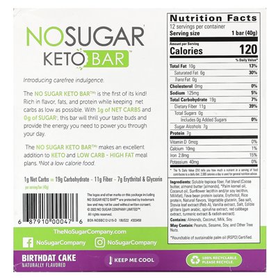 Sugar Free, Keto Bar, Birthday Cake, 12 Bars, 1.41oz (40g)